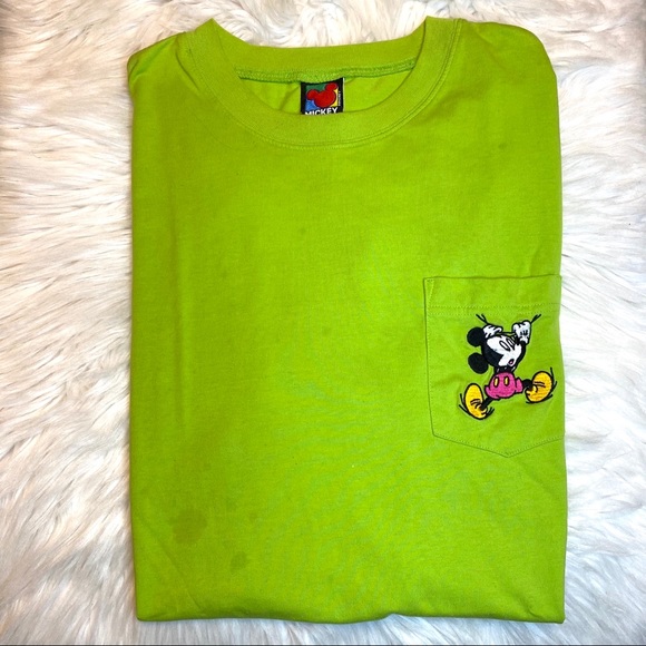Vintage Lime Green Mickey Mouse Embroidered TShirt - Picture 1 of 14